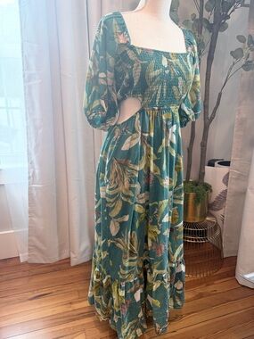O.P.T Green Tropical Print Cutout Maxi Dress Linen Blend Small